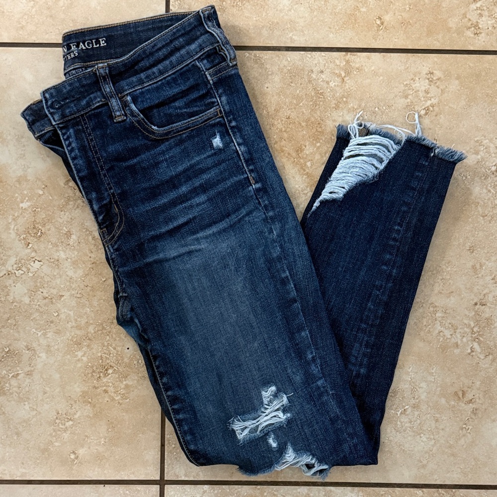 American Eagle Outfitters Dark Blue Distressed Skinny Jeans